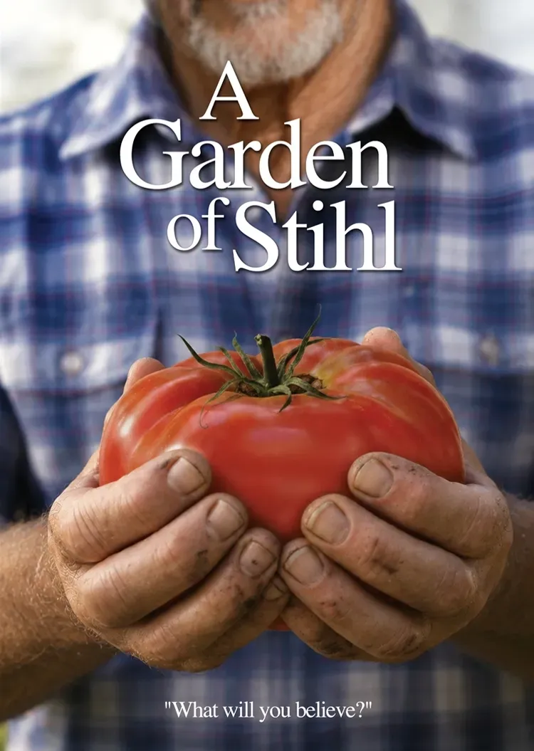 Hands holding a red tomato with the title “A Garden of Still” over a plaid shirt background
