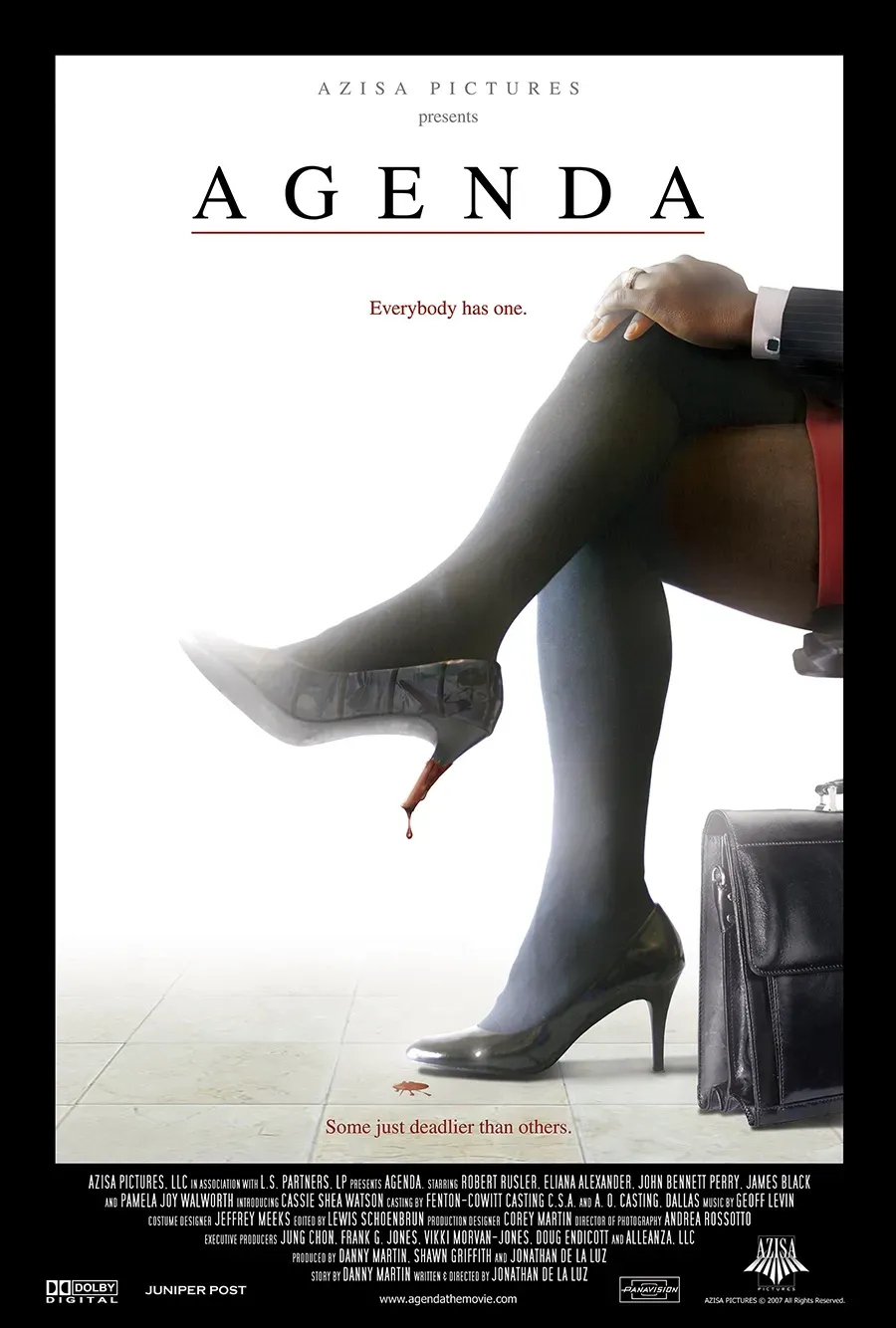 Movie poster with a woman’s crossed legs in black stockings and heels against a white background, titled “Agenda.”