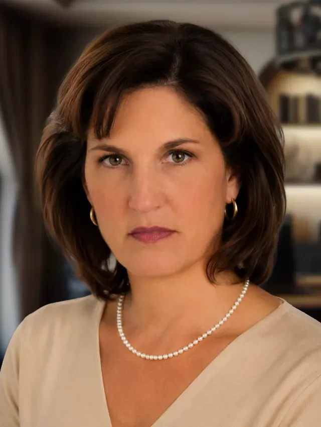 Portrait of a woman with dark hair, pearl necklace, and beige blouse against a blurred indoor background