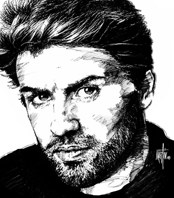 Black-and-white sketch portrait of a man with wavy hair, beard, and intense gaze.