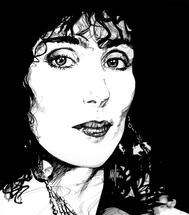 High-contrast black-and-white portrait of a woman with curly dark hair and a direct gaze