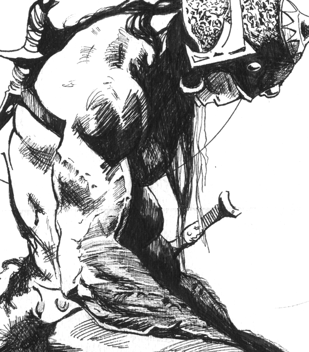 Black-and-white sketch of a crouching armored creature with long dark hair and a horned or masked headpiece