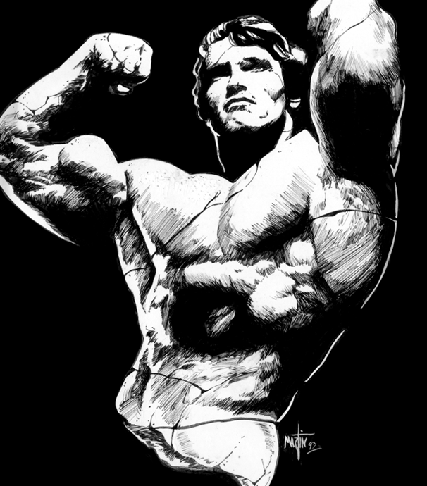 Black-and-white drawing of a muscular bodybuilder flexing both arms against a dark background