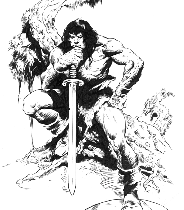 Muscular warrior with long hair gripping a sword, standing before a rocky cliff in black-and-white illustration
