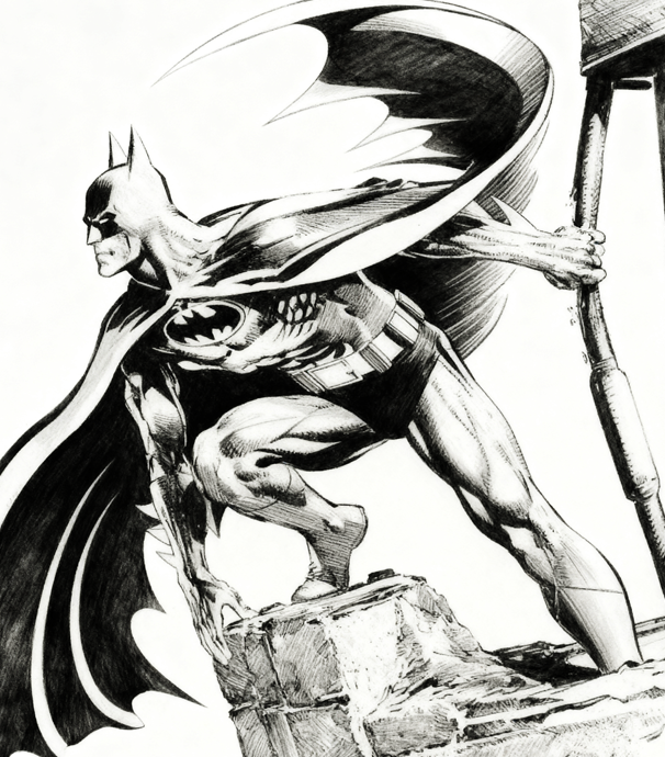Black-and-white Batman crouches on a rooftop, cape billowing dramatically against a city backdrop