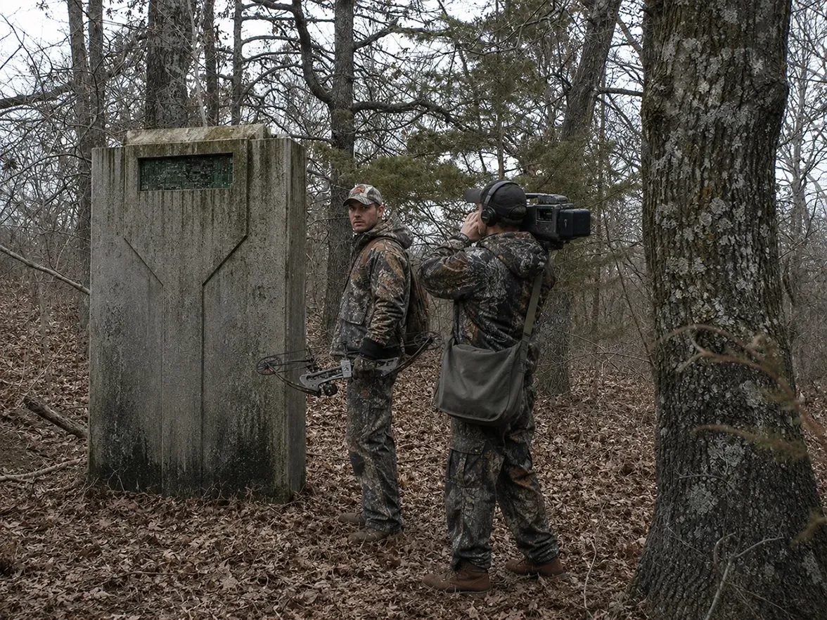 Two camouflaged people near a wooded shooting range, one aiming a rifle behind a concrete barrier.
