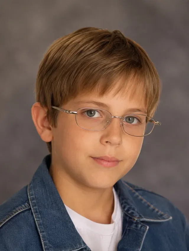 Portrait of a young person wearing glasses and a denim jacket, looking at the camera with a slight smile.