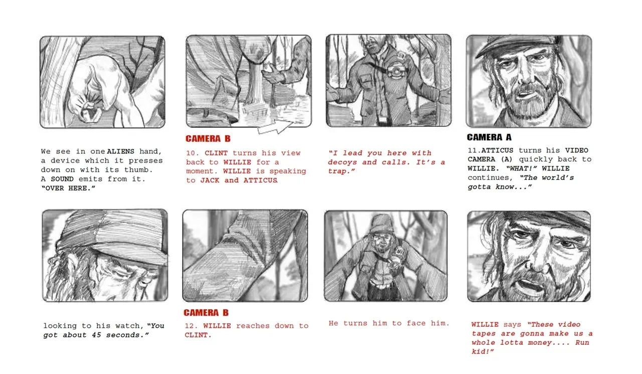 Storyboard of eight black-and-white comic panels with handwritten notes and red annotations