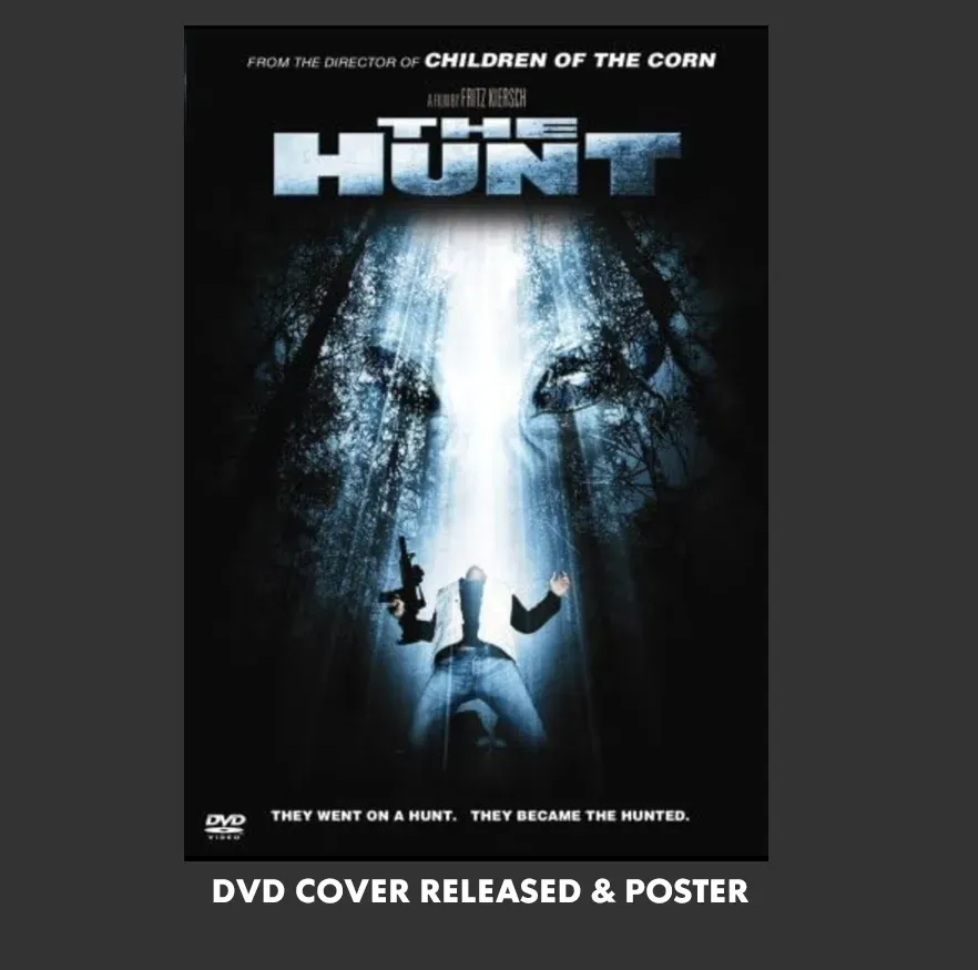 DVD cover for The Hunt: dark forest, bright beam of light, and a person falling through the center