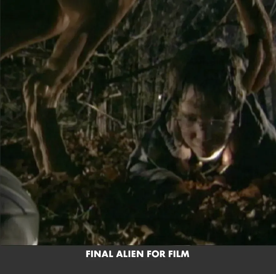 Person crouched in a dark, tangled forest, framed by branches and debris, with eerie light on their face
