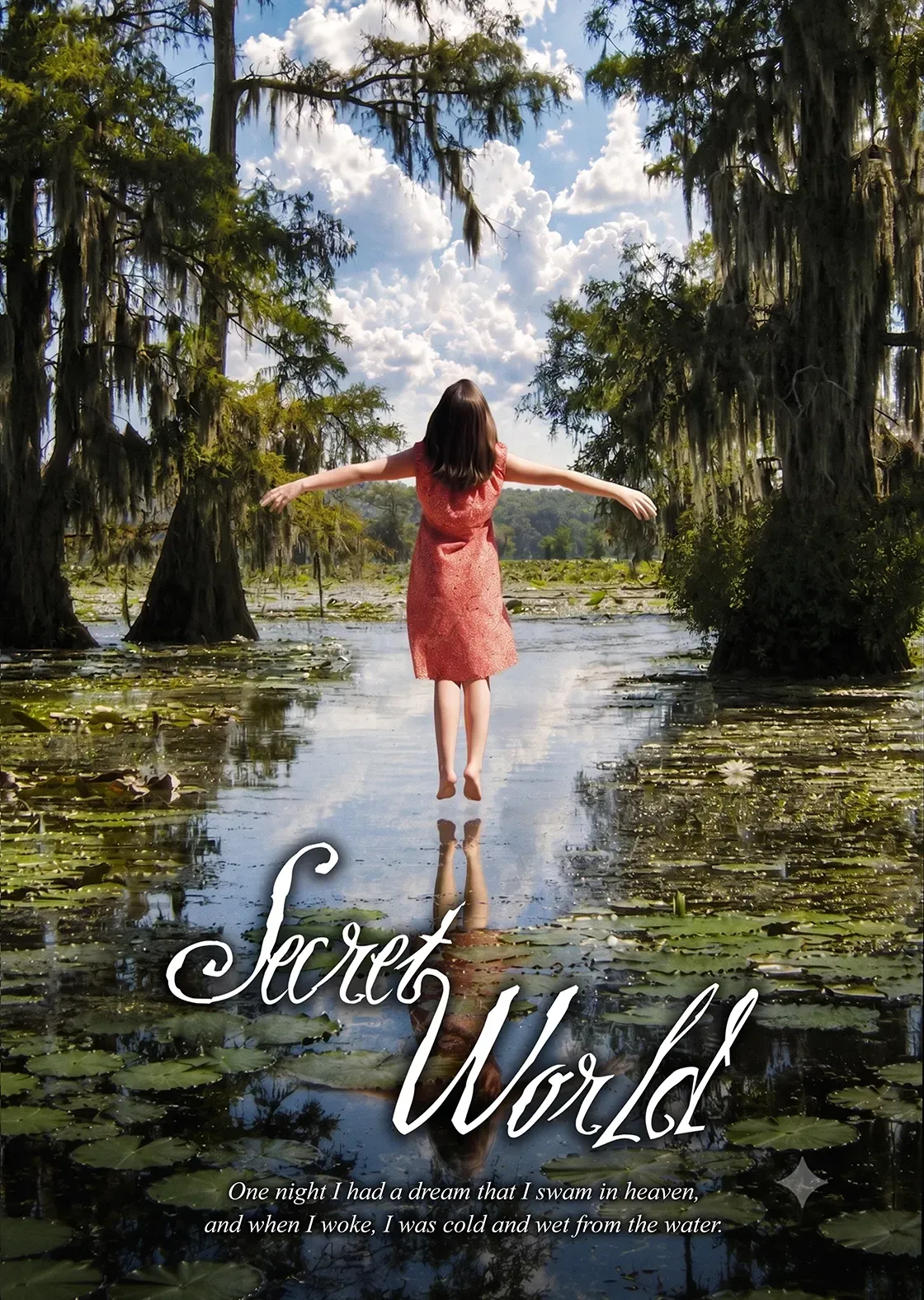 Woman in a red dress stands with arms outstretched on a swamp path under mossy trees and clouds.