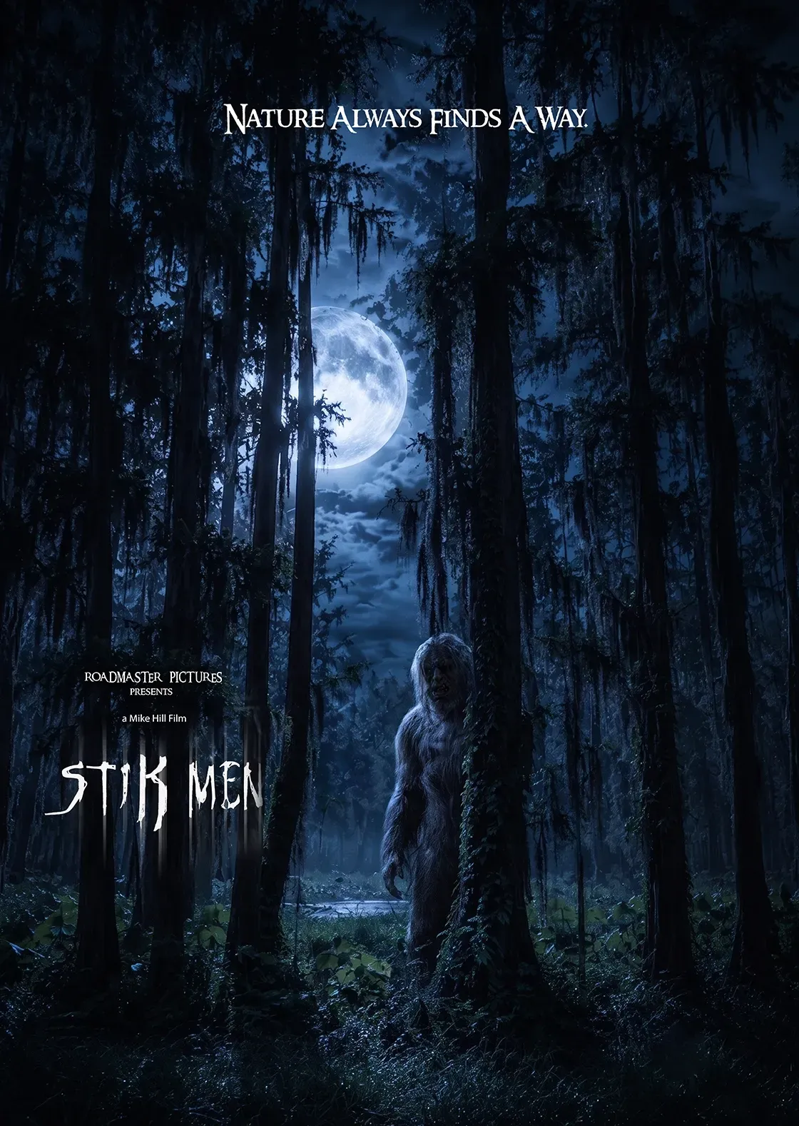 Dark blue forest with a glowing moon and the title “Stigmat” in white text