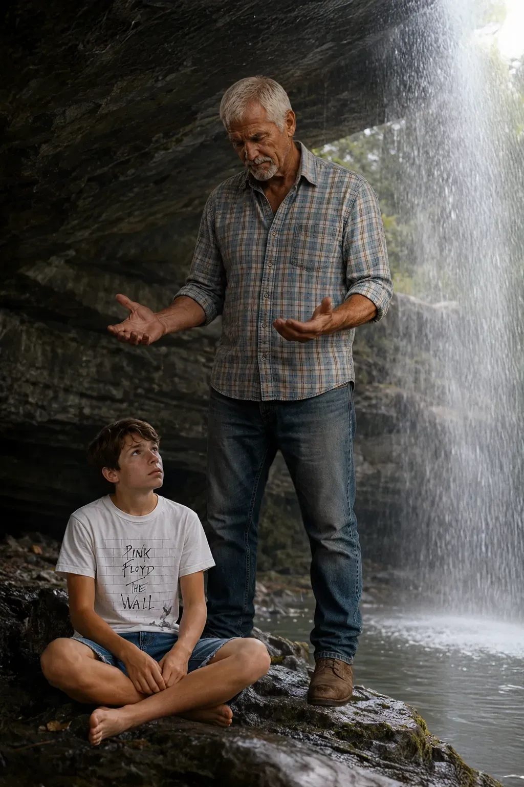 Two people by a waterfall, one seated on rocks and one standing beneath the falling water.