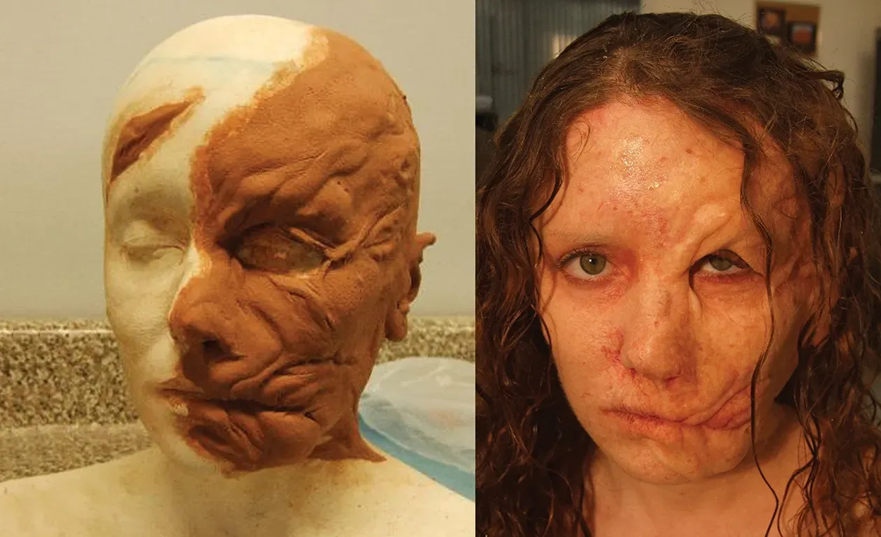 Side-by-side sculpted clay face and a realistic facial mask with closed eyes and textured skin