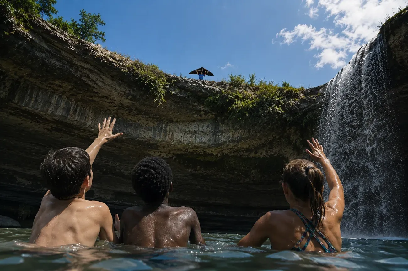 Three swimmers in a rocky waterfall pool, arms raised toward the waterfall under a blue sky.