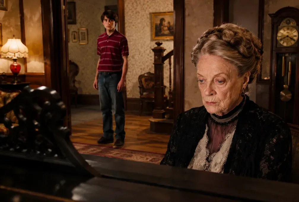 Woman seated at a piano in a dim room, with a young man standing in the background.