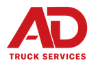 Red AD Truck Services logo with bold red letters on a white background