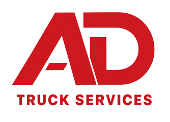 Red AD Truck Services logo with bold red letters on a white background