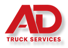 Red and white AD Truck Services logo with stylized letters and truck service text