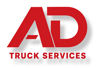 Red and white AD Truck Services logo with stylized letters and truck service text