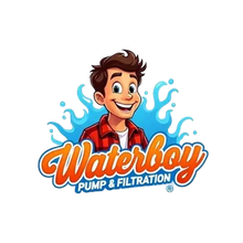 Waterboy Pump & Filtration logo with smiling cartoon technician in red shirt and blue water splash