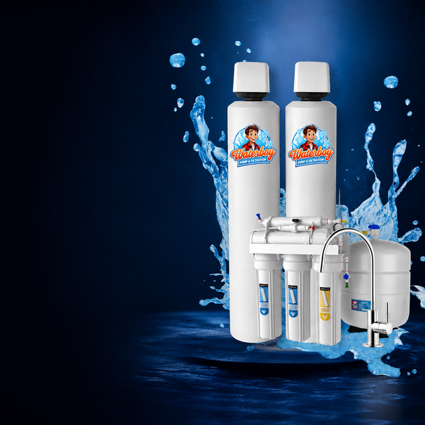 Water purifier system with two white tanks and filters splashing through blue water
