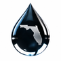 Black water droplet with a white Florida silhouette inside on a white background