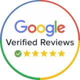 Google Verified Reviews badge with multicolor ring, checkmark, and five gold stars