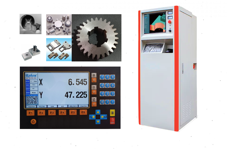Piezas metálicas industriales, un panel de control digital y una unidad de mecanizado industrial alta con diseño de armario.
