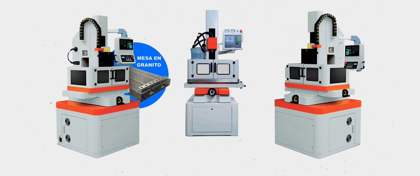 Tres vistas de una máquina de electroerosión industrial con carcasa blanca y naranja, columna vertical y pantalla de control.