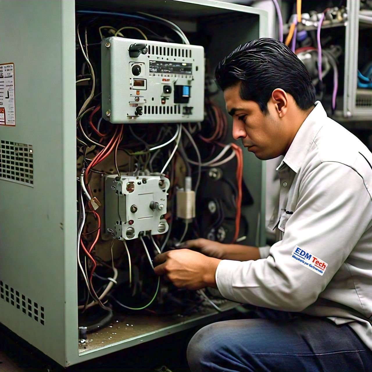 Un técnico con una camisa de trabajo gris claro repara el cableado dentro de un armario de control industrial abierto.