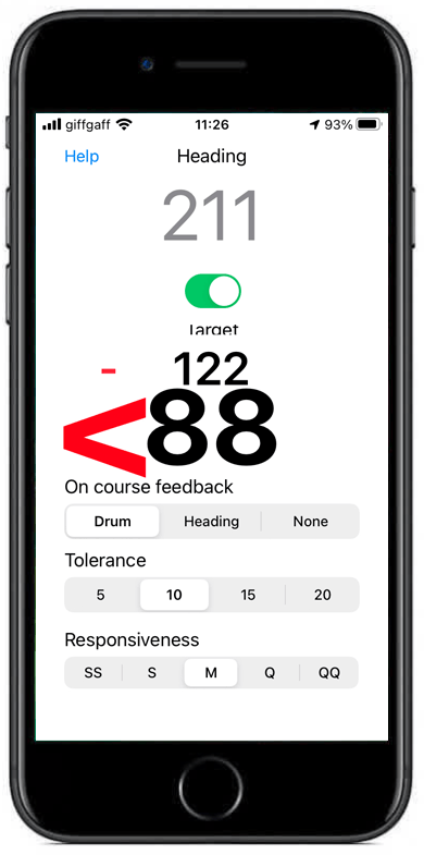 A picture of an Apple iPhone. On the screen is the VISCompass app, showing heading, course feedback, tolerance and responsiveness values. A picture of an Apple iPhone. On the screen is the VISCompass app, showing heading, course feedback, tolerance and responsiveness values.