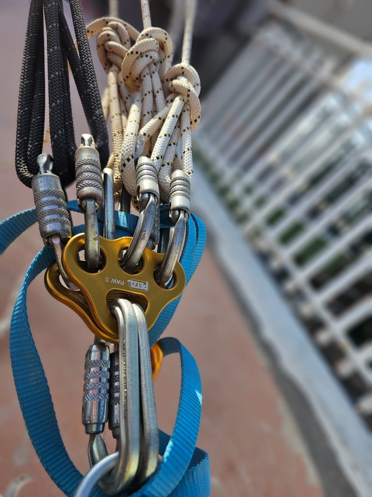 Primo piano dell'attrezzatura da arrampicata con varie corde, moschettoni e un dispositivo di assicurazione, in un'imbracatura blu, all'aperto.