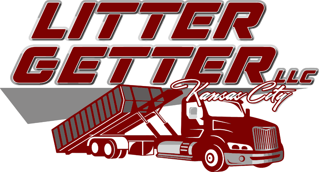 A red and gray logo for litter getter llc
