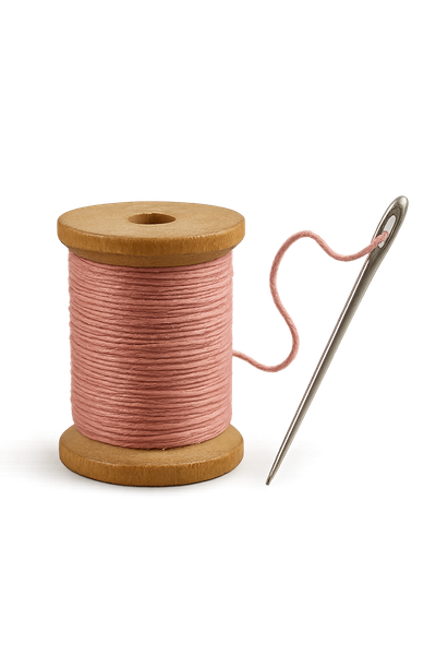 Rocchetto di filo rosa con un ago infilato nel foro.