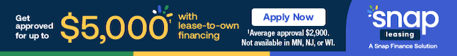 Blue SNAP banner ad offering $5,000 with “Apply Now” button and snap logo