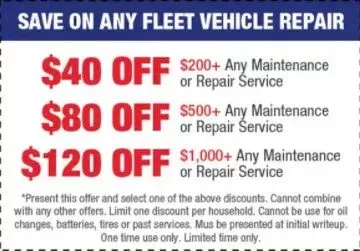 Fleet vehicle repair coupon ad: $40, $80, or $120 off maintenance or repair services.