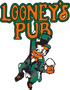 A logo for looney 's pub with a leprechaun holding a beer