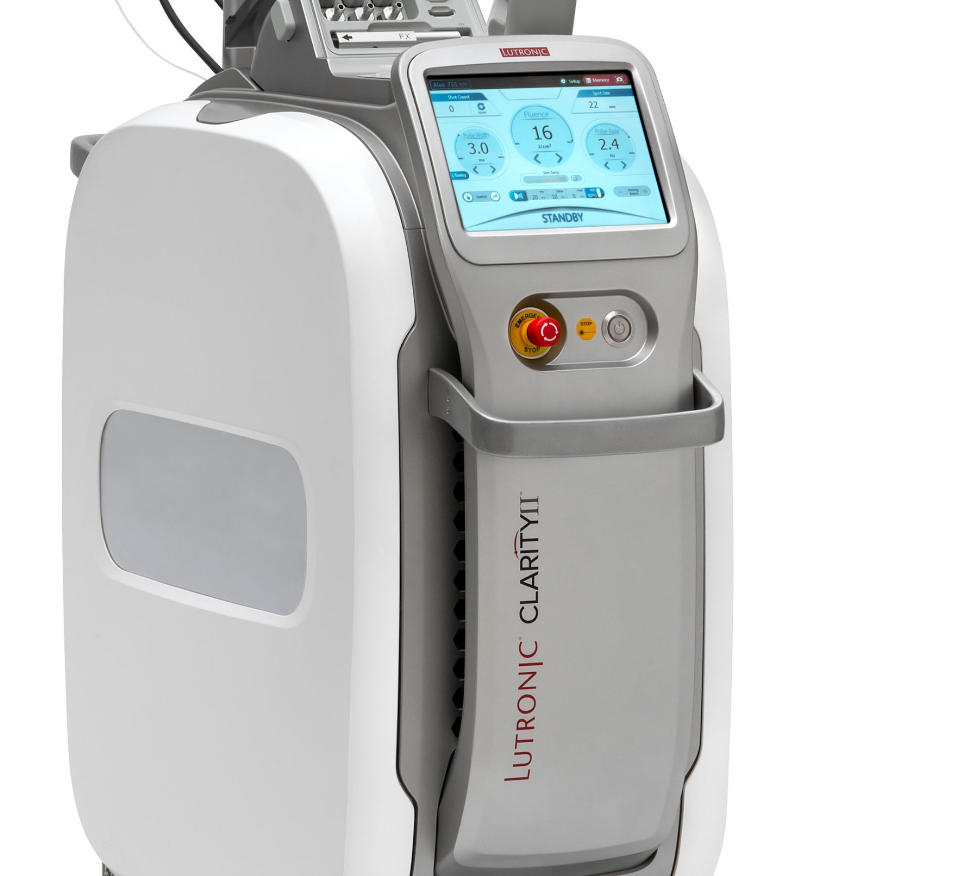 Lutronic Clarity II laser device with touchscreen display and handpiece cradle