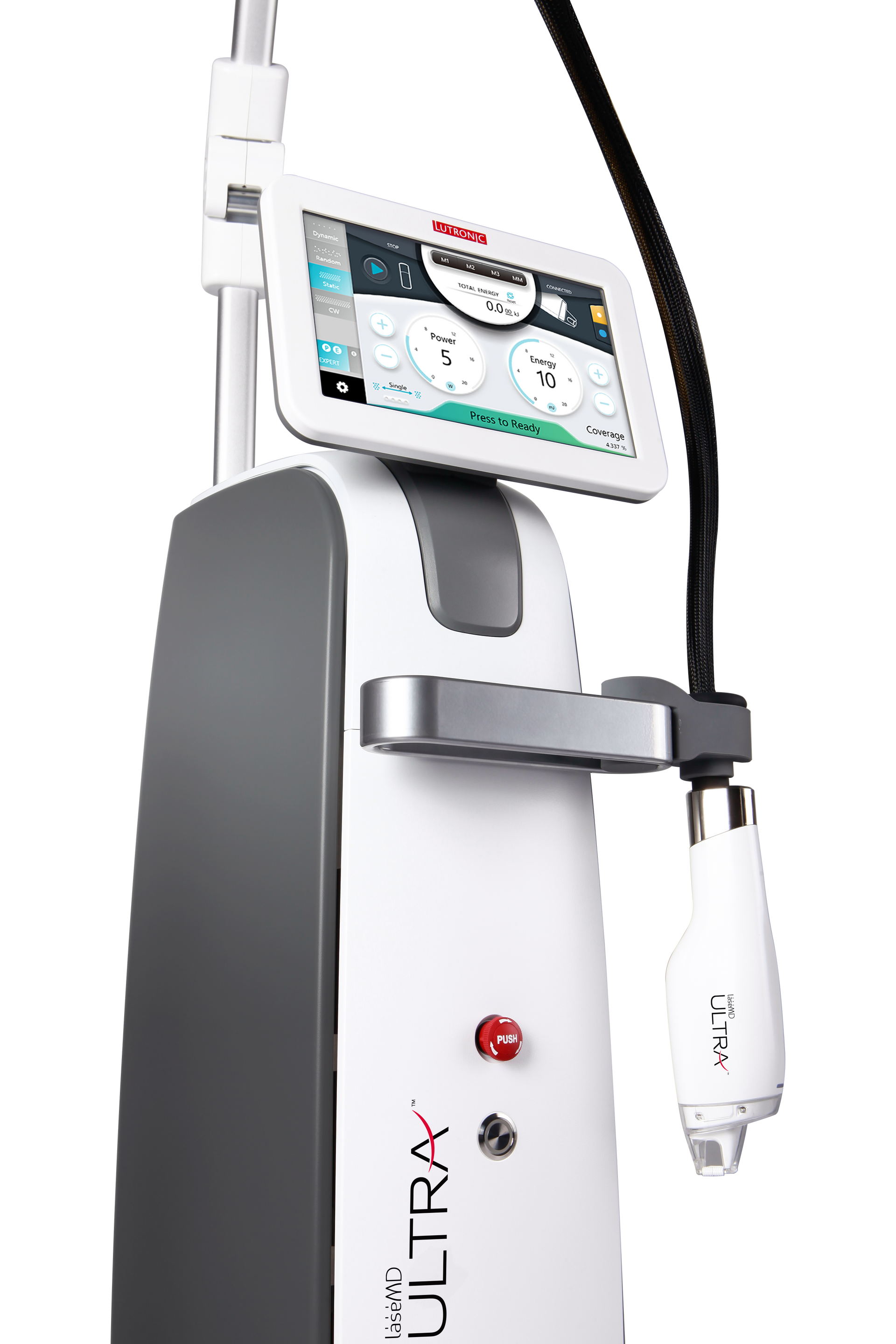 White medical laser device with touchscreen display and handheld treatment wand attached