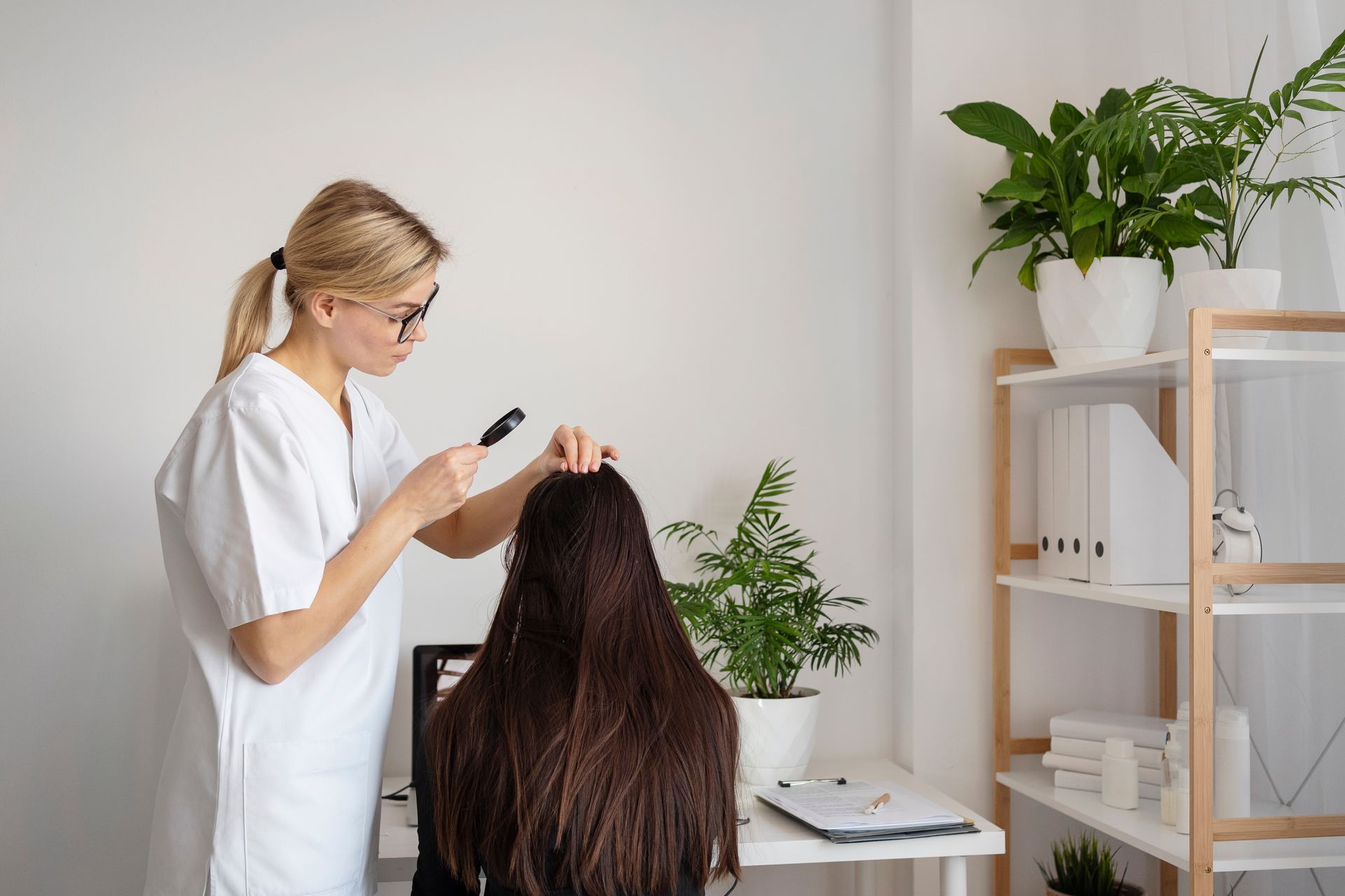 Hairdresser styling a client's long dark hair in a bright salon with plants and shelves
