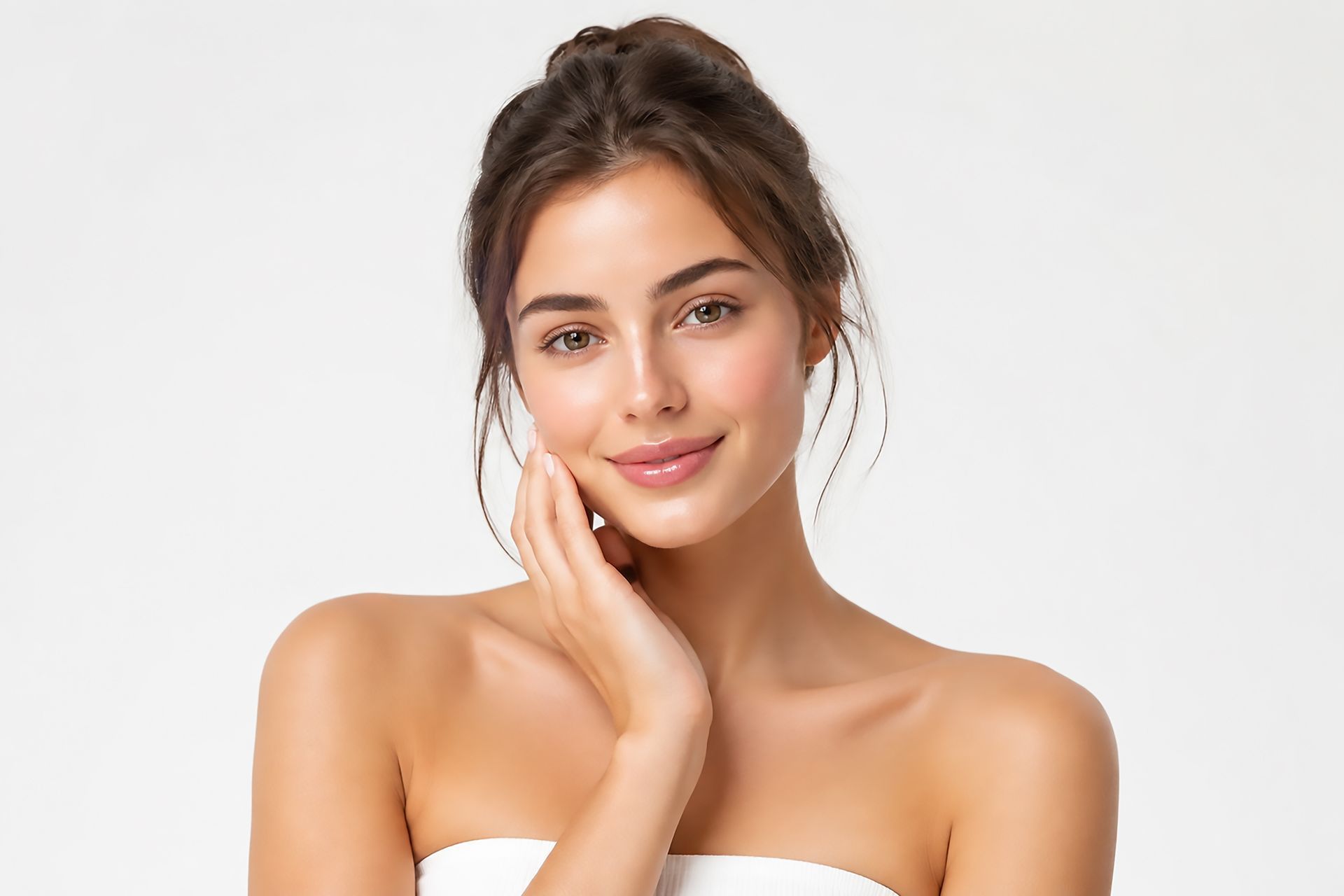 Portrait of a smiling woman with her hand on her cheek against a white background