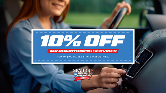 Woman adjusting car air vent with a 10% off air conditioning service discount superimposed.