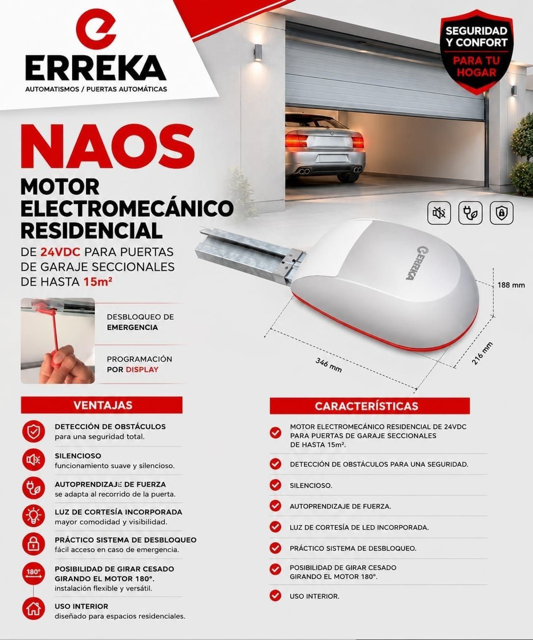 Póster promocional del motor eléctrico rojo para puertas de garaje ERREKA NAOS