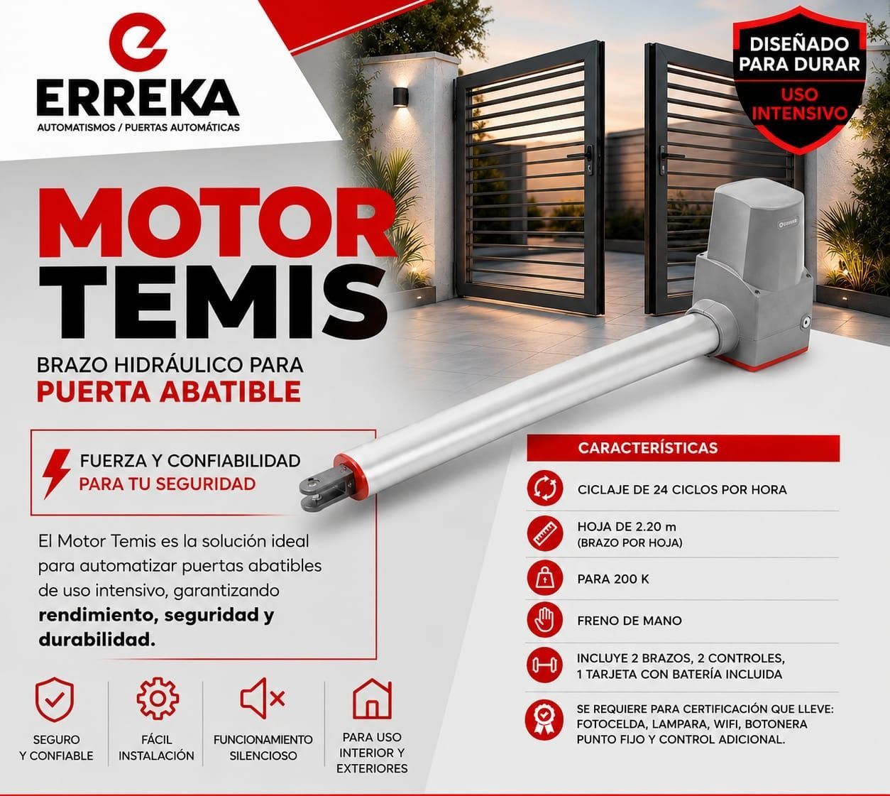 Motor témis Erreka para puerta abatible, con brazo hidráulico y caja del producto en rojo y blanco