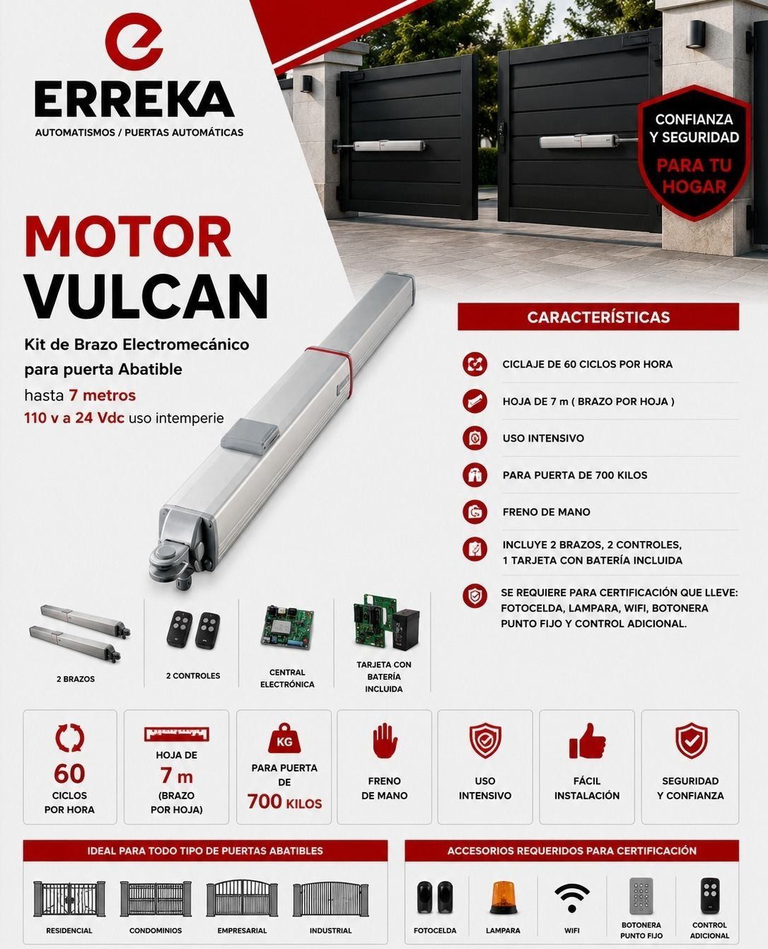 Motor para puerta de garaje ERREKA MOTOR VULCAN con mando a distancia, en blanco y rojo (diseño del folleto del producto)