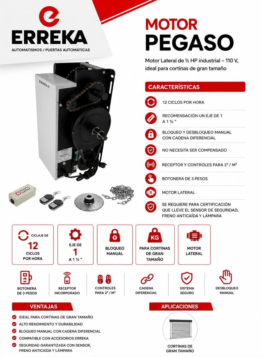 Hoja de producto ERREKA Motor PEGASO con motor negro, diseño blanco/rojo e iconos de características.