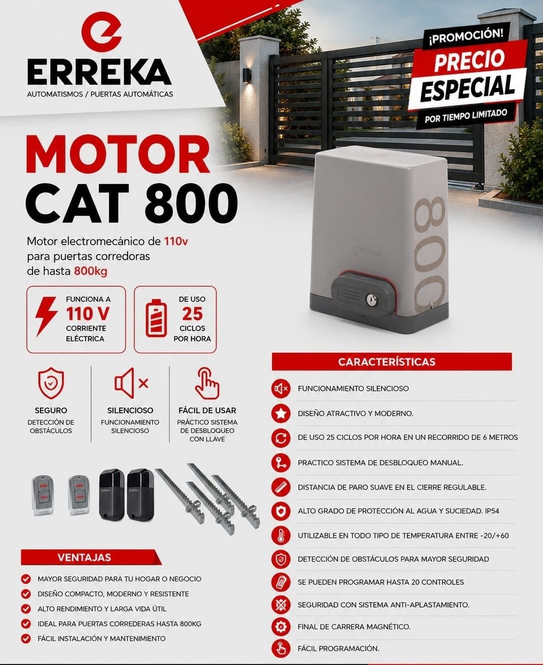 Anuncio del motor para puerta de garaje ERREKA CAT 800 con abridor blanco, detalles rojos y cartel de precio especial.