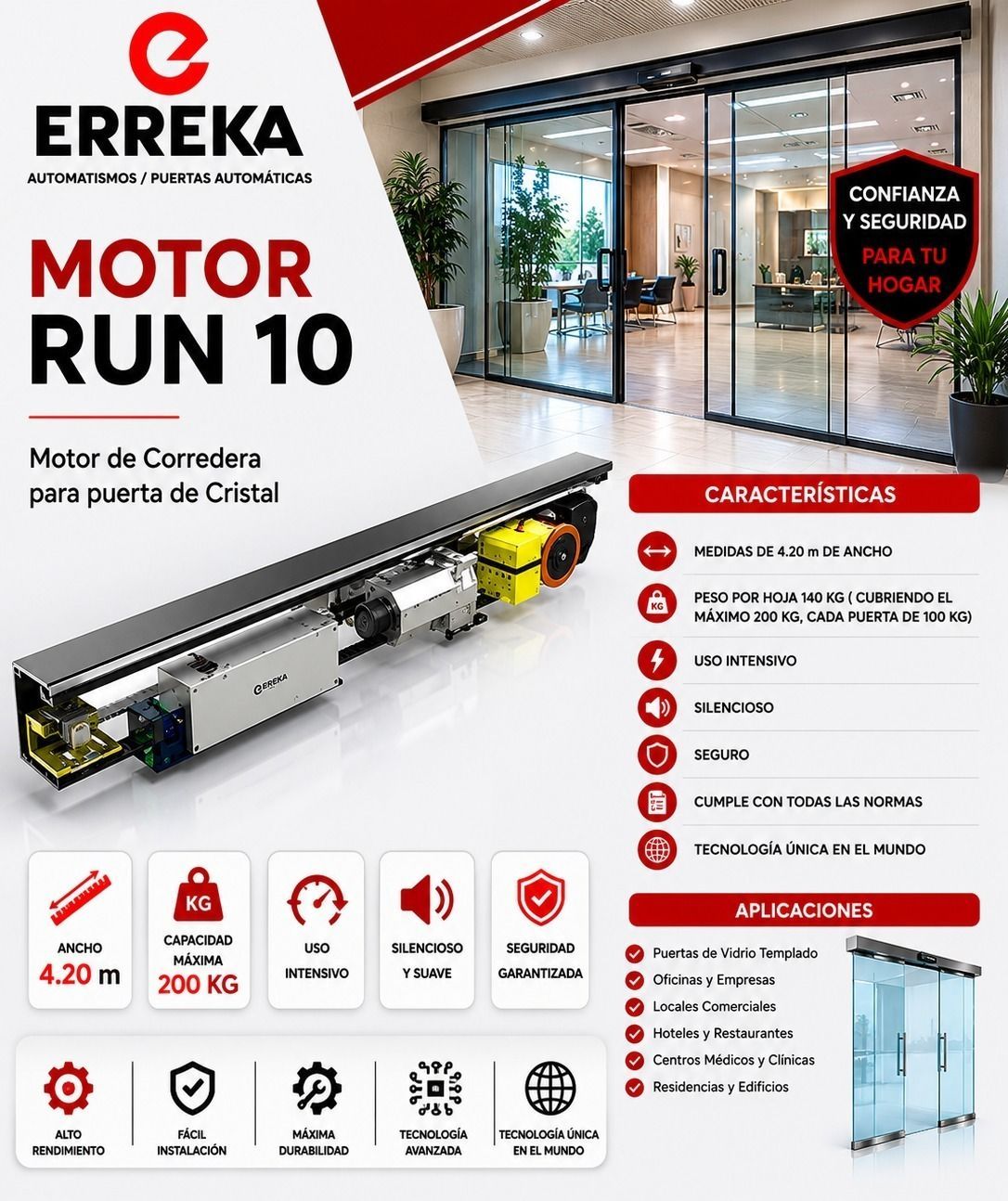 Anuncio del abridor de puerta de garaje ERREKA Motor Run 10 con foto del producto e iconos de características.