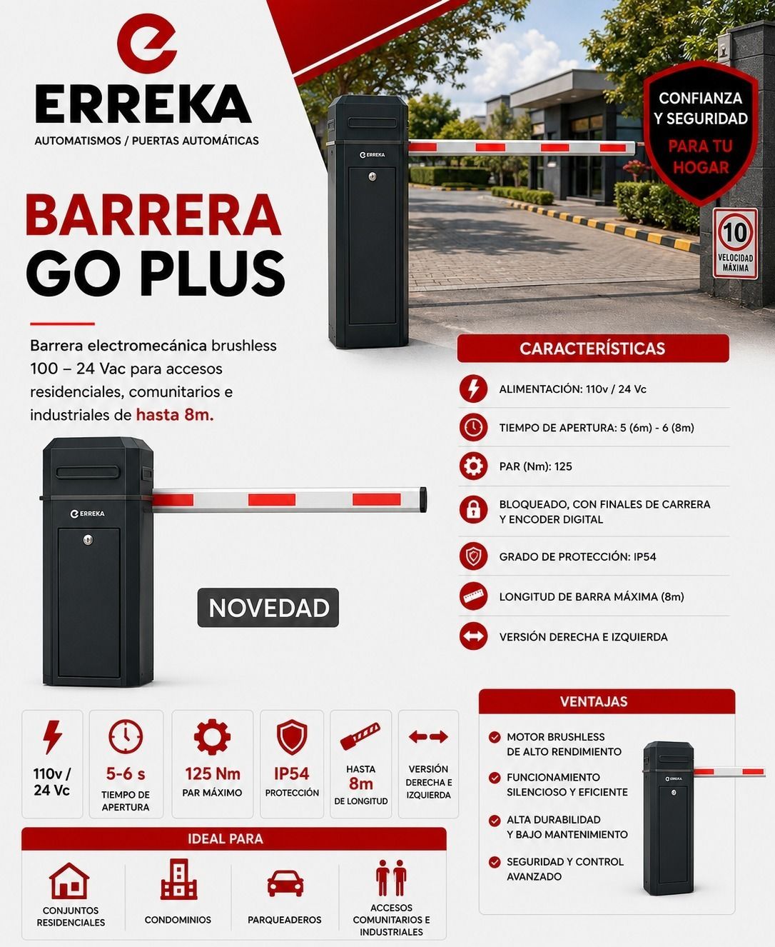 Anuncio promocional de la barrera automática ERREKA Barrera Go Plus, de color negro con brazo rojo y blanco.